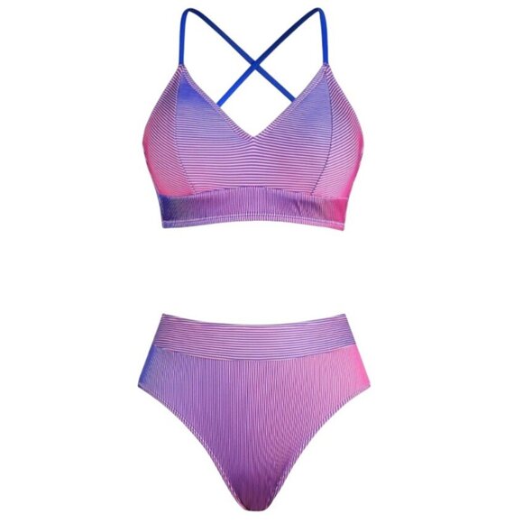 Cupshe XS Striped Bikini Set Blue Magenta 2 Piece V-Neckline High Waist Swimwear - Picture 3 of 8